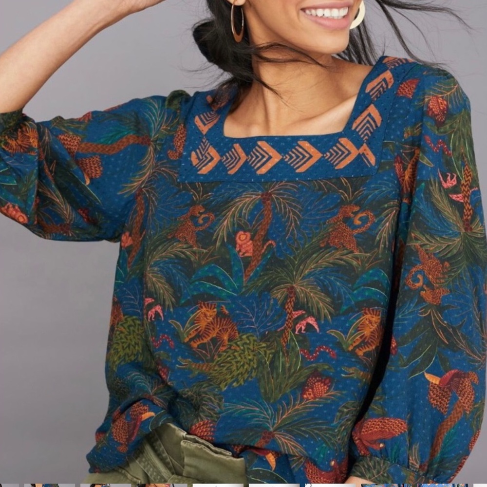 Farm Rio x Anthropologie Bianca Jungle Print Square Neck Top Size‎ XS